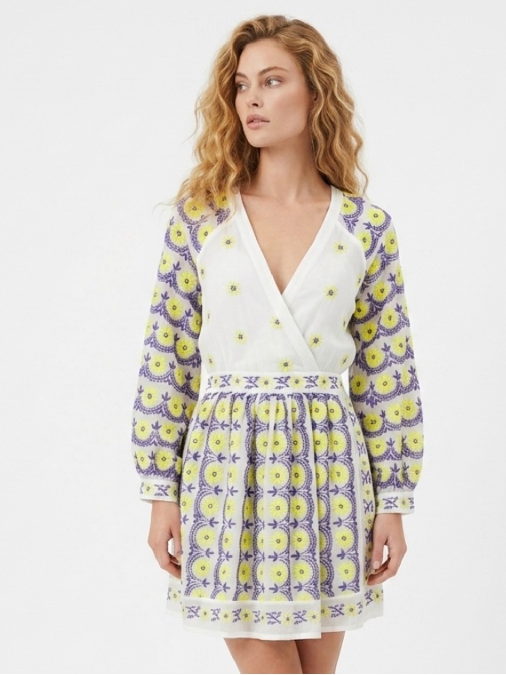 FREE PEOPLE New Romantics Dress Embroidered Purple Yellow Sheer Boho Mini